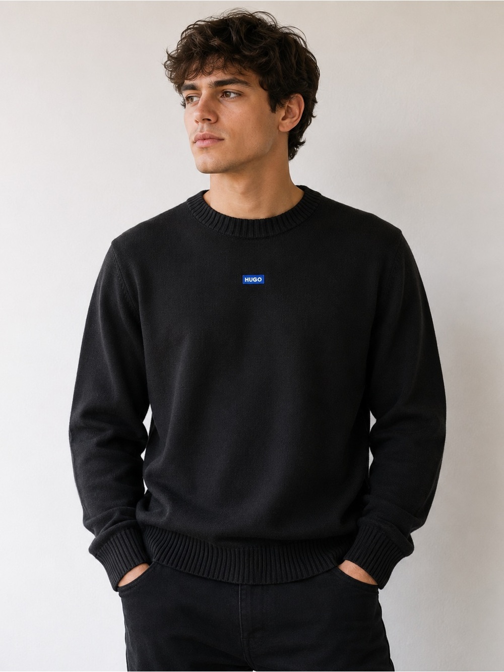 HUGO Black Crewneck Sweater with Blue Logo Patch